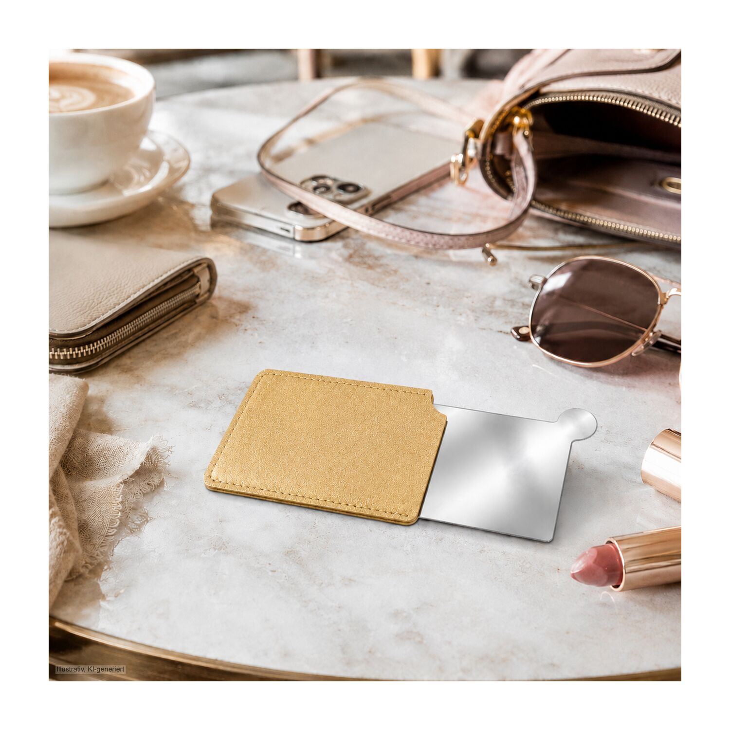 Taschenspiegel aus Edelstahl, im Etui (gold)