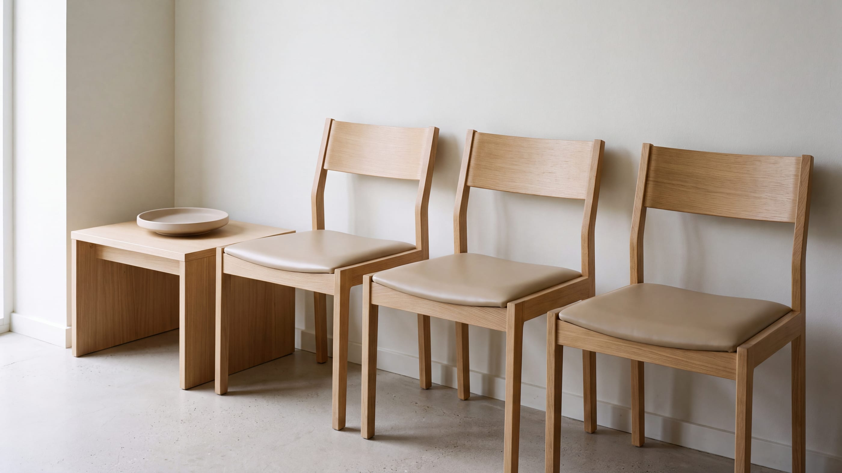 Leeres ruhiges Wartezimmer mit drei hellen Holzstühlen mit abwischbaren Sitzflächen an einer weißen Wand, daneben ein niedriger Beistelltisch mit einer flachen leeren Schale.