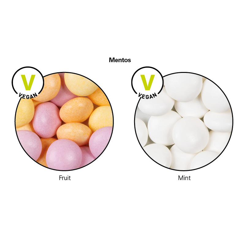 Minitüte, 8 g, weiße Folie, Mentos Kaudragee Fruit