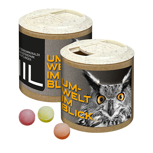 Papier-Werbedose mit XS-Kalfany-Fruchtbonbons, 85g Papier-Werbedose mit XS-Kalfany-Fruchtbonbons, 85g